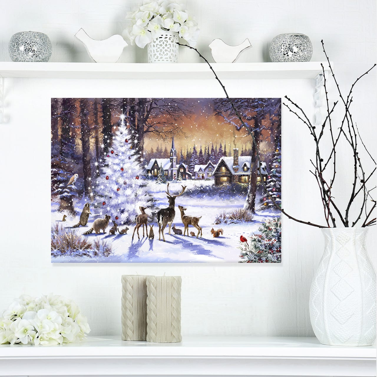 Designart Christmas Woods with Deer, Buck & Owl Canvas Art